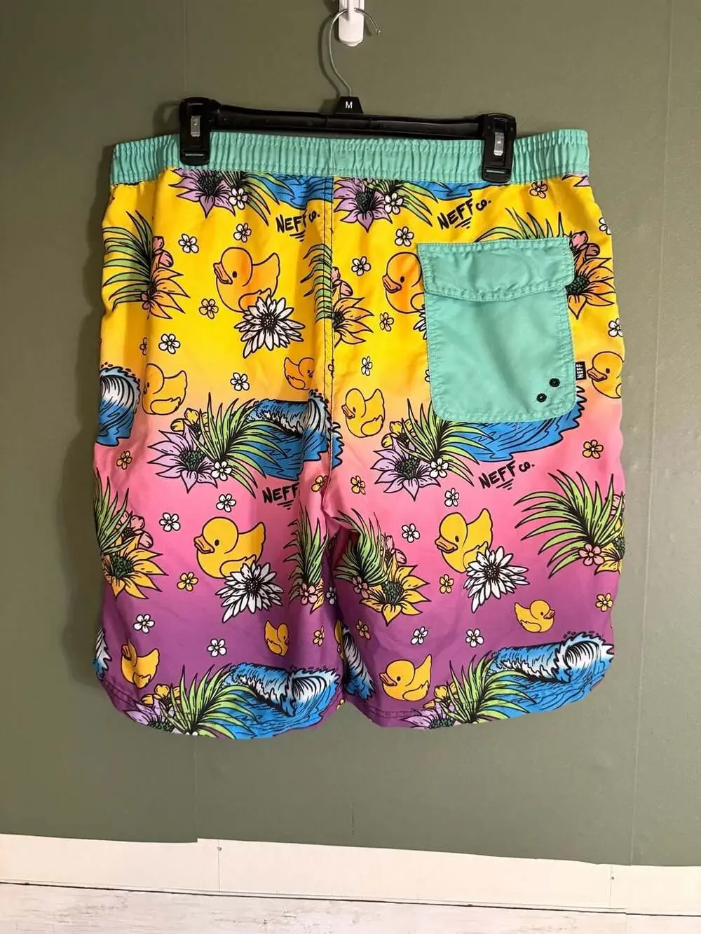 Neff Mens Swim Trunks Yellow Purple Ombre Rubber Duck Tropical Print Large
